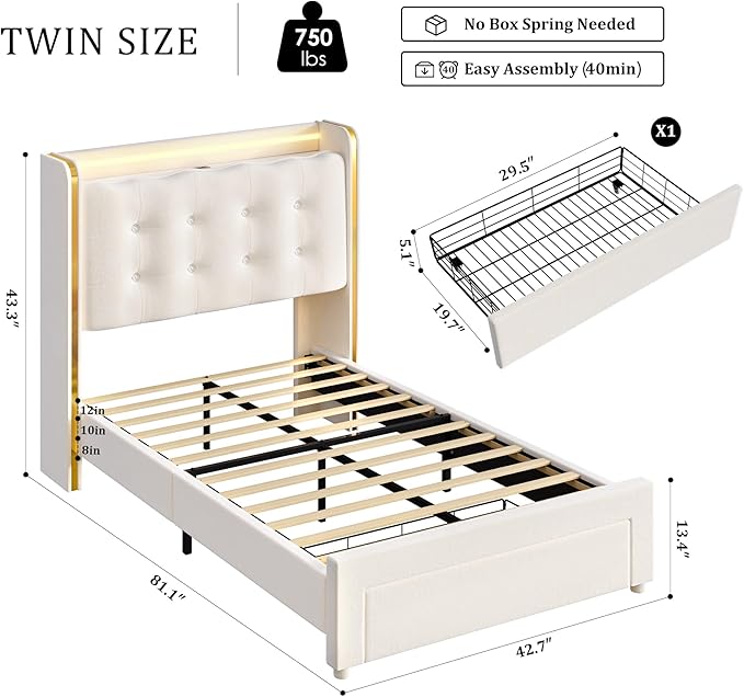 HITHOS Upholstered Twin Led Bed Frame with Charging Station and Storage Drawer, Velvet Princess Platform Bed Frames with Crystal-Button Tufted Headboard for Girls | Kids, No Box Spring Need, Beige