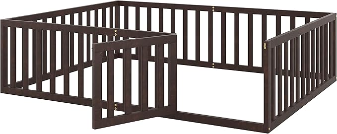 Merax Queen Floor Bed with Safety Guardrails and Door, Wood Montessori Floor Bed Frame for Kids, Queen Playhouse Bed Frame for Baby Girls and Boys, Walnut
