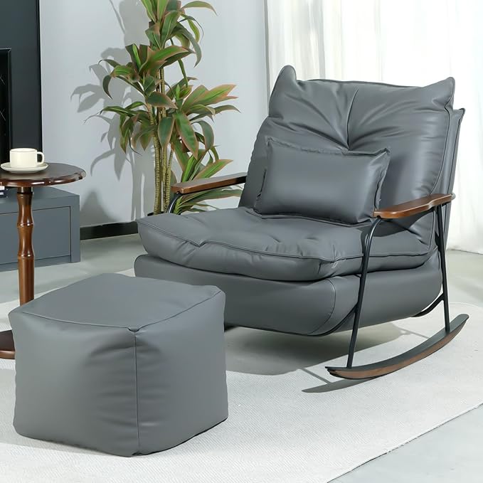 zyz Rocking Chair with Ottoman and Pillow, Mid-Century Modern Recliner, Reclining Nursery Rocker, Wood Armchair, 25° Rocking Motion, Lazy Sofa for Living Room Bedroom Balcony, PU Leather (Dark Grey)