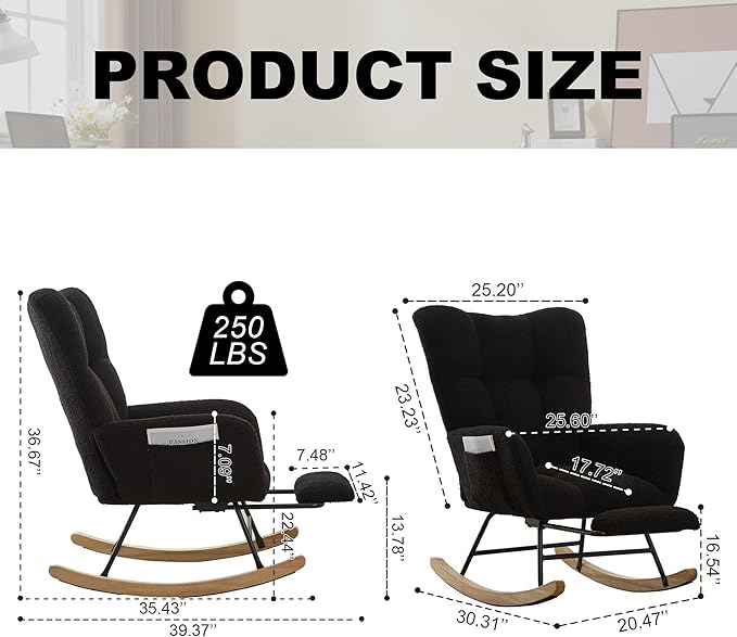 Nursery Rocking Chair Teddy Upholstered Reading Glider Rocker with Footrest Accent Chair with High Backrest Armchair Comfy Side Pocket Chair for Living Room, Bedroom, Offices (Large Black)