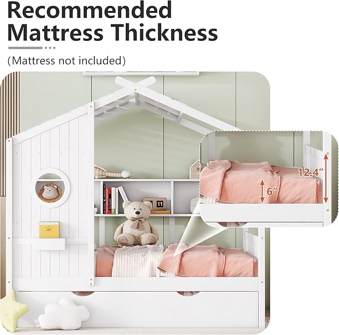 Full Size Bed Frames for Kids, House Bed with Trundle and Shelves, Wood Playhouse Platform Bed Frame with Window and Fence for Boys Girls, White, 74.4" L x 58" W x 72" H