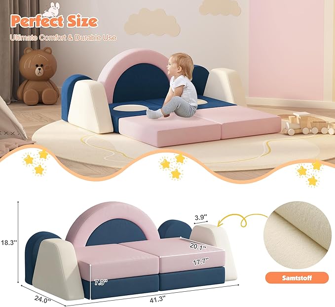 12 PCS Modular Kids Play Block Couch Child Sectional Soft Sofa Toddler Building Fortplay Climbing Bedroom Playroom Baby Convertible Floor Foam Cushion for Boys & Girls (Pink+Blue+Beige)
