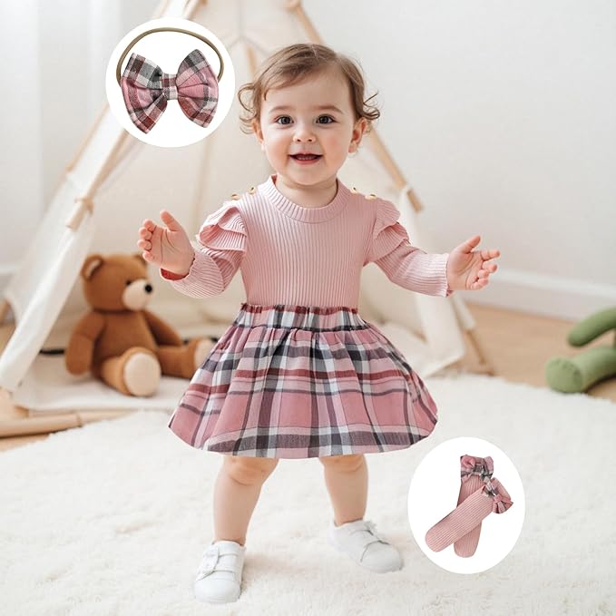Giraropa Baby Girl Fall Winter Clothes Long Sleeve Romper Dress + Socks + Headband Newborn Infant Cute Casual Outfits