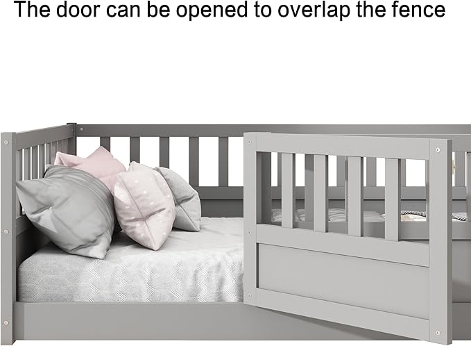 GDFStudio Full Size Floor Bed Frame with Door & Guardrails, Toddler Full Bed Frame for Boys Girls, Low to Floor Wooden Bed Rails for Toddlers, Montessori Floor Bed for Baby, No Support Slat, Grey