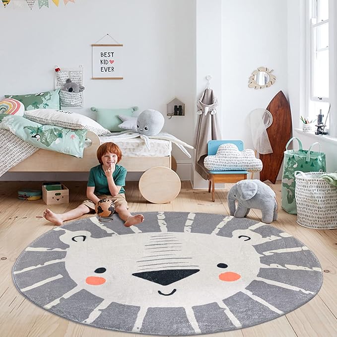 ABREEZE Large Round Kids Play Mat 5.3ft,Lion Nursery Rug Fluffy Faux Wool Kids Rug Soft Plush Non-Slip Childrens Carpet for Bedroom Living Room Playroom,Grey