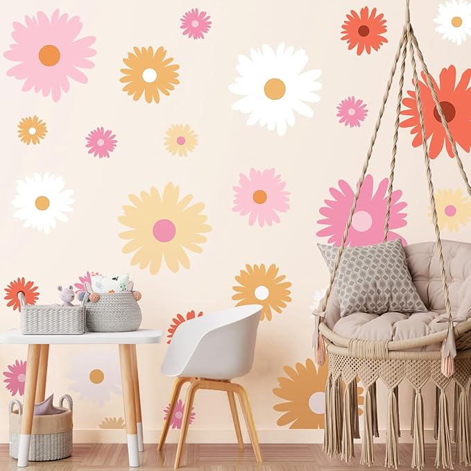 TaoBary 12 Sheets Daisy Wall Decal Flower Wall Sticker Cute Daisy Sticker Pink White Flower Decal Peel and Stick Floral Wallpaper for Nursery Bedroom Home Decor(Bright Color,Artsy Style)