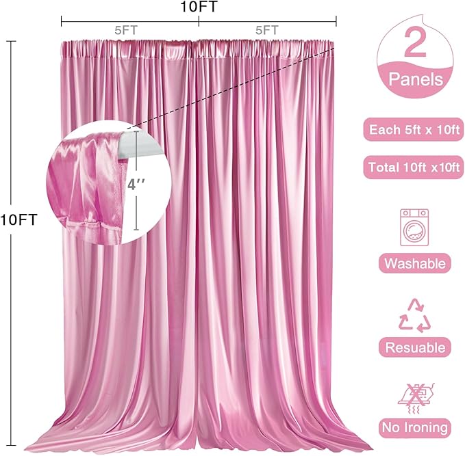 10x10ft Wedding Curtains Pink Wedding Backdrop for Ceremony Prom Stage Backdrop Satin Fabric Curtain Drapes Curtains Panels with Rod Pockets W5' x H10'2 Panels YUNBSDJ037