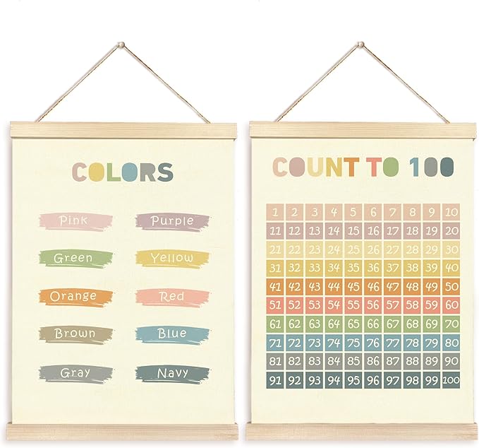 CGBHW Boho Educational Poster Hanger Frame Set of 2, Color Count to 100 Number Learning Posters Wall Art Hanging Decor for Classroom Nursery Kids Room Playroom Preschool，12x16Inch