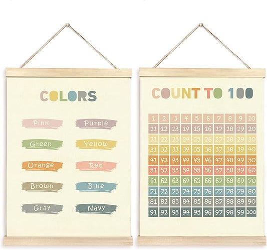 CGBHW Boho Educational Poster Hanger Frame Set of 2, Color Count to 100 Number Learning Posters Wall Art Hanging Decor for Classroom Nursery Kids Room Playroom Preschool，12x16Inch