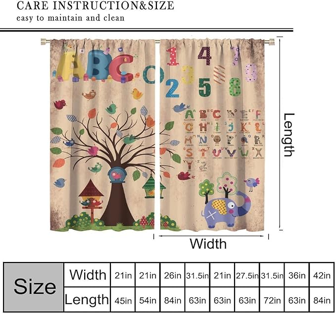Animal Alphabet Numbers Tree Curtain Learning ABC Letters Birds Numbers Home Printed Rod Pocket Window Treatments for Bedroom Living Room Playroom Nursery 72" W X 63" L
