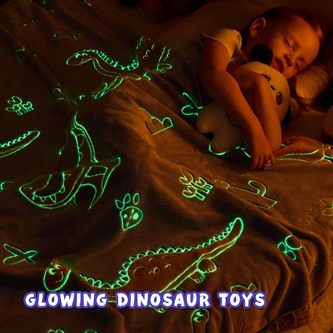 inhand Dinosaur Gift Toys for Kids Glow in The Dark Dinosaur Blanket for Boys Girls Fluffy Cozy Fleece Kids Blanket Birthday Christmas Halloween Easter Child Gifts Blue 50"x60"