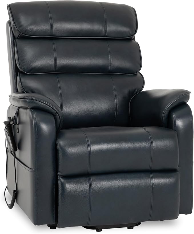 DYNOX 350 LBS Power Lift Recliner Chair for Elderly, Medium Size Dual Motor Lay Flat Infinite Positions Recliner with Heat & Massage (9188, Genuine Leather, Dark Blue)