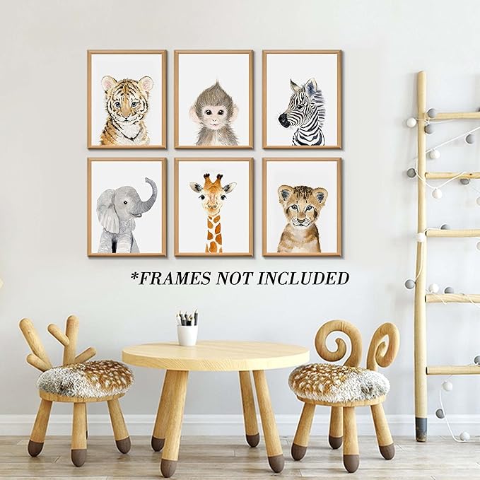 Nursery Baby Room Wall Art Decor, Jungle Nursery Baby Animal of Tiger Lion Elephant Decorations, Nursery Safari Cute Animal Decor for Baby Bedroom (8"x10", UNFRAMED)