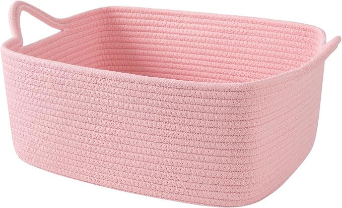 OIAHOMY 19L Woven Basket with Gift Bags and Ribbons, Gift Basket Empty for Baby Showers Birthday, Nursery Bin with Handles for Baby Room Living Room, Pet Toy Bins for Toy Organizer - Pink