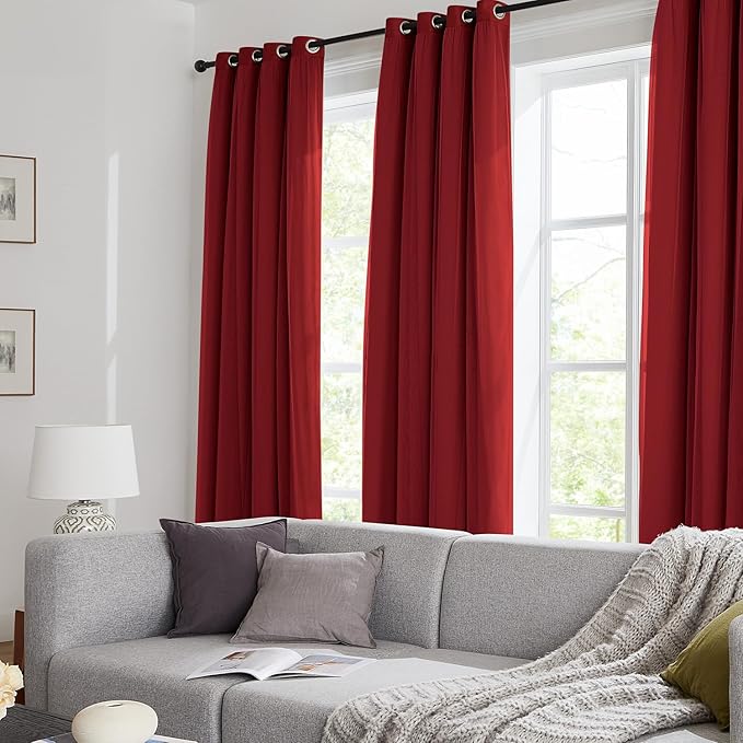 100% Blackout Curtains for Bedroom, Double Layer Red Curtains, Black Out Curtain 84 inch Long with Sheer Overlay for Living Room, Room Darkening Window Drapes with Grommet, 52" W x 84" L