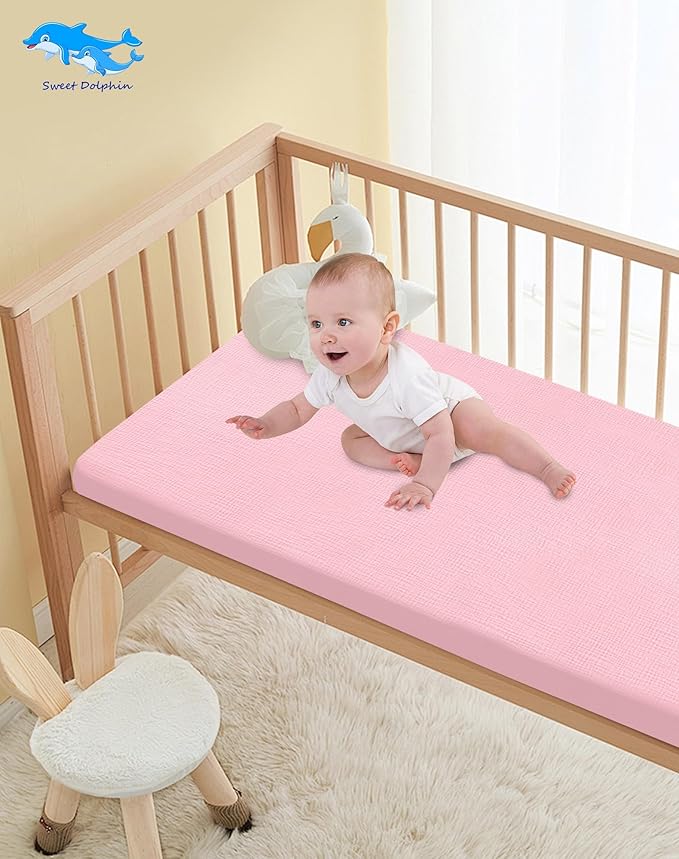 SWEET DOLPHIN 2-Pack Muslin Crib Sheets for Boys & Girls, Ultra Soft Breathable 40S Long-Staple Cotton Fitted Baby Sheets for Standard Crib Mattress 52"x28", Light Sakura- Nursery Essentials