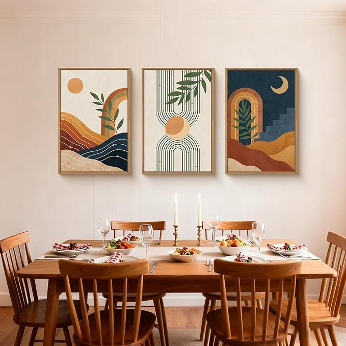 FWIEXA Vintage Boho Nature Framed Canvas Wall Art Set of 3, Minimalist Geometric Sun Moon Line Wall Prints, Abstract Green Leaf Painting, 24x36In Modern Beige Navy Blue Artwork for Living Room,Bedroom