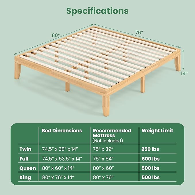 KOMFOTT 14 Inches Wood Platform Bed Frame King Size, Wooden Mattress Foundation with Rubber Wood Frame, Strong Wooden Slats Support, No Box Spring Needed, Bed Frame (Natural)