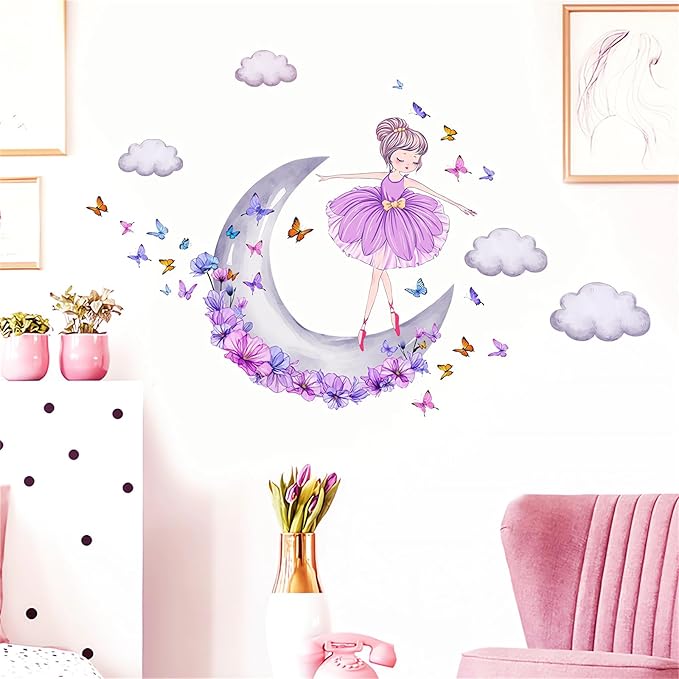Lovely Purple Moon Girl and Clouds Butterfly Wall Stickers, sacinora Art Wall Decals Removable Vinyl Peel and Stick for Nursery Kids Baby Living Room Children's Room Bedroom Decorations