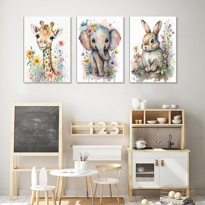 3Pcs Safari Animal Nursery Canvas Wall Art Watercolor Baby Animals with Wildflowers Picture Posters Wall Decor Cute Giraffe Elephant Rabbit Painting Print Artwork for Kids Children Room Decor 16x24in