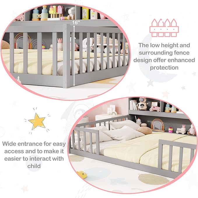 KOMFOTT Full Floor Bed with Bookcase & Shelves, Wood Bed Frame with Bedside Bookshelves & Guardrails, Versatile 2-in-1 Montessori Floor Bed for Kids (Grey)