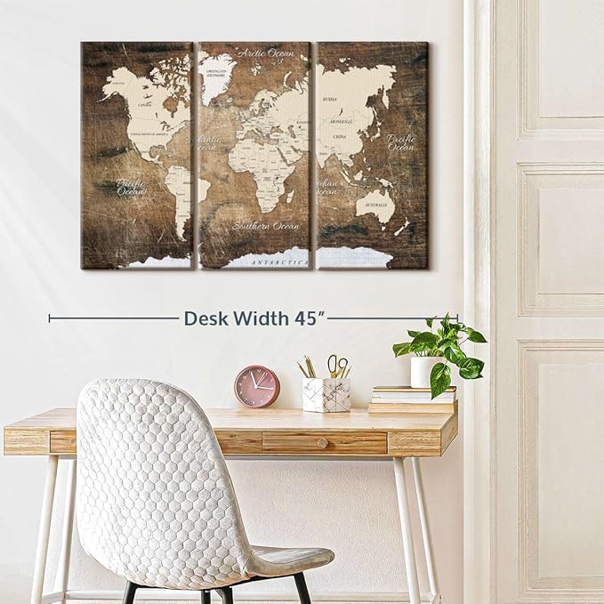 ElephantStock Aged Brown World Map I Wall Art - 3 Piece Canvas World Map Wall Decor - Ready-to-Hang Canvas Print - Vintage Wall Art - 38" X 24"