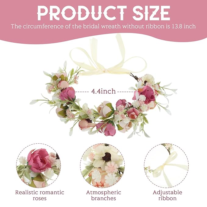 Lyrow 3 Pcs Camellia Flower Crown Rose Floral Crowns Headpiece Wedding Flowers Women Girl Headband Hair Accessory for Baby Toddler Communion Photo Prom Photography Christmas Festivals