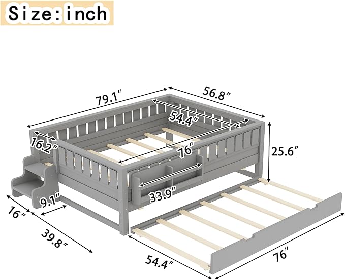Bellemave Full Size Kids Bed with high Rails and with Built-in Bookshelf and Trundle for Kids, Girls, Boys, Wood Montessori Bed Without Door, Gray