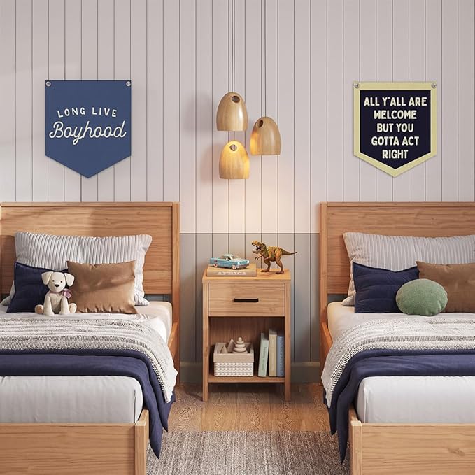 Lacama Vintage Room Decor,Long Live Boyhood Linen Banner,Boy Bedroom Wall Hanging Banner Pennant Flag Decor for Nursery Playroom Toddler Nursery Decor Kids Room,12.4x14 in(Navy blue)