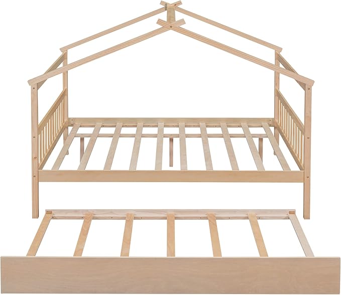 Merax Full Size Wooden House Bed with Trundle, Wood Bed Frame with Roof for Kids, Teens, Boys or Girls, Natural