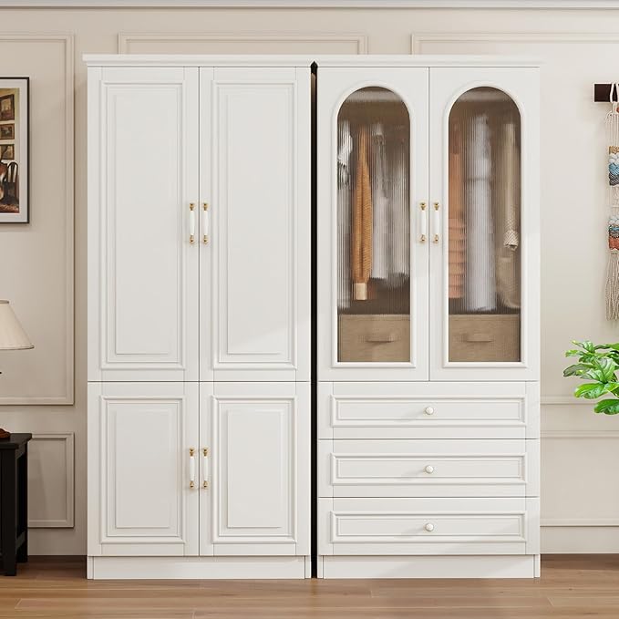 Solid Wood Wardrobe Closet:TemkTuek 70.87" Large Armoire Wardrobe Cabinet,Clothing Storage Cabinet with Doors,Shelves and Hanging Rails,Vintage Freestanding,Bedroom,White(18-19)