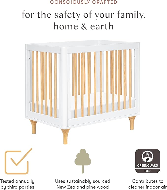 Babyletto Lolly 4-in-1 Mini Crib Convertible to Mini Wooden Toddler Bed, Daybed & Twin-Size Bed - GREENGUARD Gold Certified - Made of 100% Solid Wood - Includes Toddler Conversion Kit - Washed Natural
