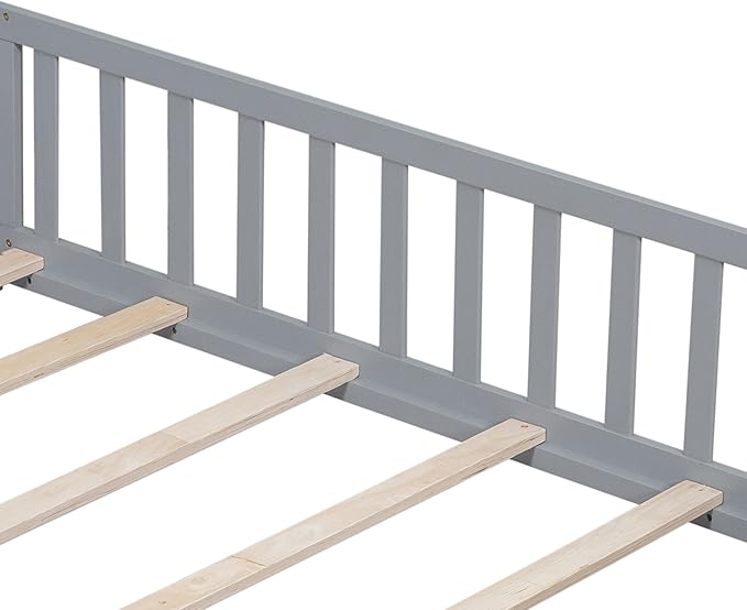 Full Size Floor Platform Bed with Fence and Lockable Door, Wood Montessori Bed Frame with Slat Support for Kids,Girls,Boys, Easy to Assemble,Grey