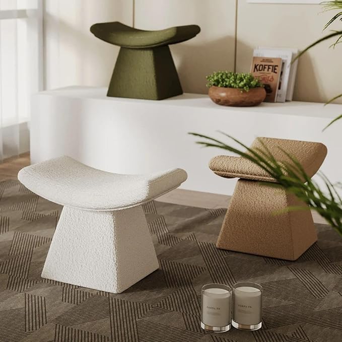 homary Vanity Chair Boucle Curve Ottoman, Plush Upholstered Foot Stool for Lving Room, High-Resilience Foam Chair for Bedroom, Stool Short for Entryways (White)