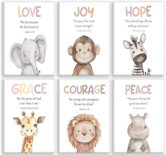 Safari Animal Bible Verse Nursery Wall Art Christian Picture Kids Room Wall Decor Uplifting Scripture Poster Hope Love Joy Jungle Animals Painting Canvas Print Artwork for Baby Room Playroom, Framed