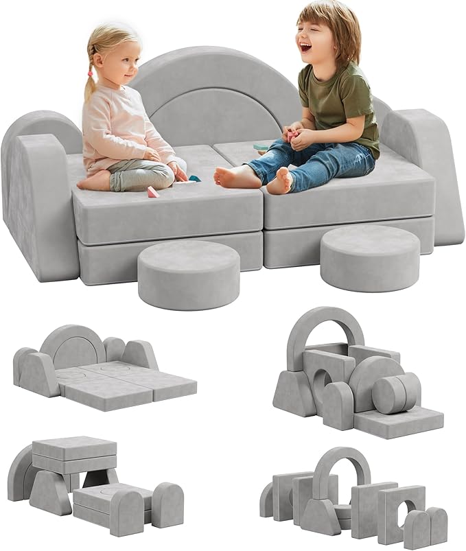 12 PCS Modular Kids Play Block Couch Child Sectional Sofa Toddler Building Fortplay Bedroom Playroom Baby Convertible Floor Foam Cushion for Boys & Girls (Light Gray-Double)