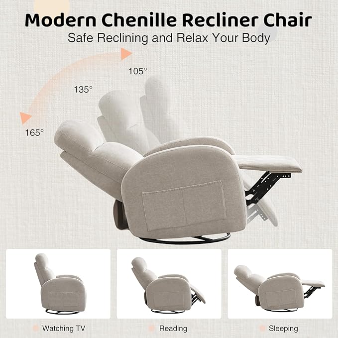 Nursery Swivel Rocker Recliner, Manual Nursering Glider Recliner, Chenille Swivel Rocking Nursery Recliners with Double Pockets for Living Room, Camel