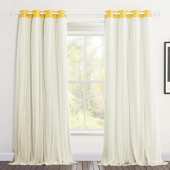 PONY DANCE Curtains 84 Inch Length - Double Layered Curtain Mix and Match Room Darkening Curtains with White Sheer Overlay Elegance Window Drapes for Kids Room with Tiebacks (One Pair, Lemon Yellow)