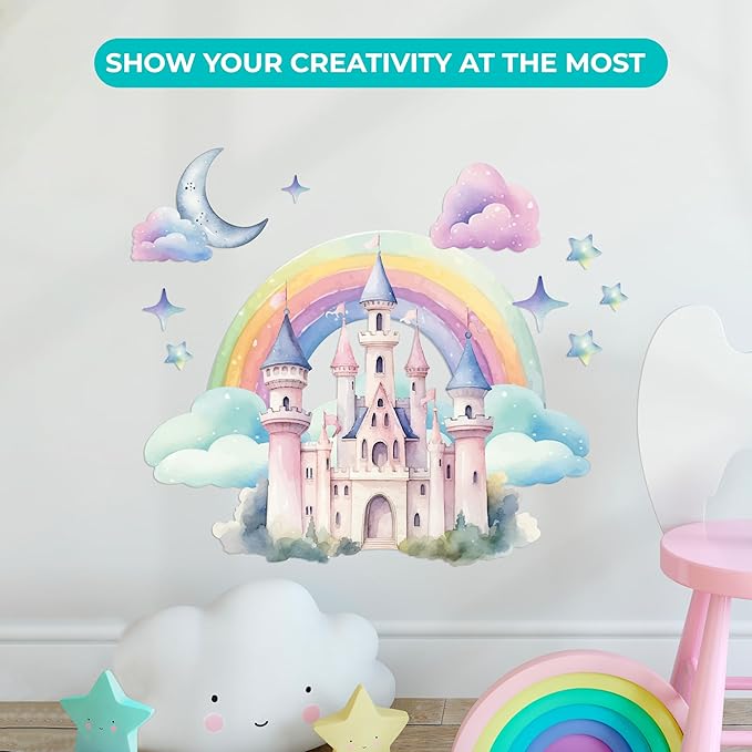 CRYPTONITE Rainbow Wall Decal for Girls Bedroom | Watercolor Castle Vinyl Sticker for Nursery Wall Decor | Cute Stickers for Kids Room, Windows, or Furniture | 3 Sizes (Wide 30" x 26" Height (Medium))