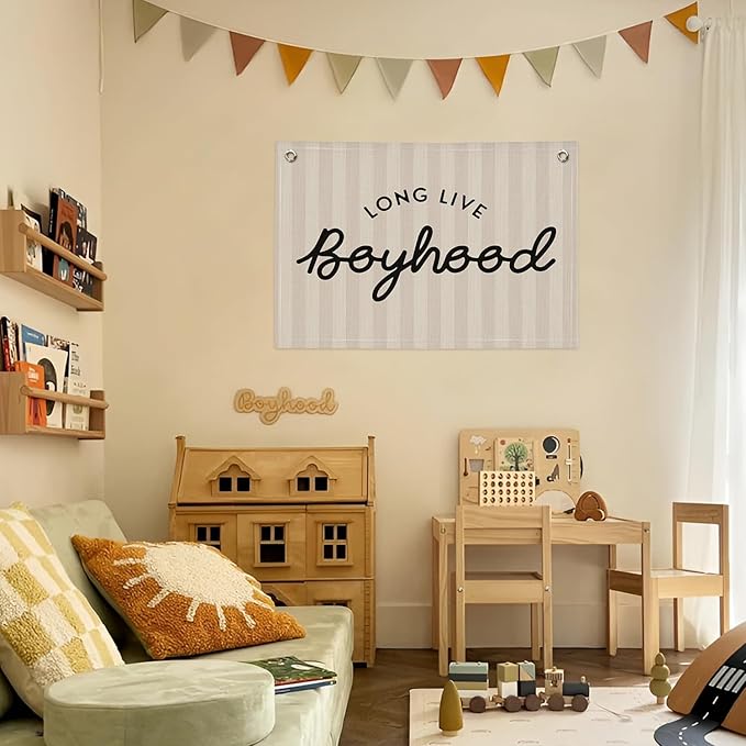 Long Live Boyhood Banner, Boy Nursery Decor, Canvas Banner Wall Hanging Flag Decor for Nursery Playroom Toddler Room, Boys Kids Room