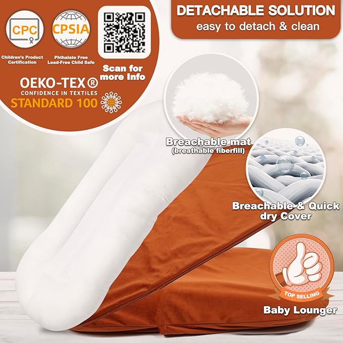 Baby Lounger for Newborn - Snuggle Cozy Me Lounger | Breathable Soft Cotton, 0-24 Months Portable Playtime Baby Nest, Newborn Baby Essentials Gifts- Orange (1 Lounger + 1 Cover)