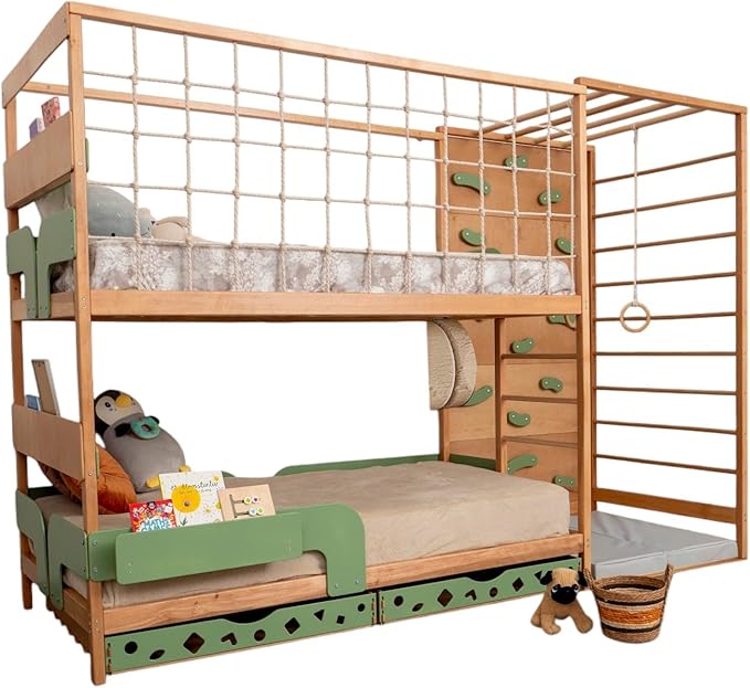 BUSY WOOD Montessori Floor Bed with Rails - Kids Twin Bunk Bed with Storage - Gym Complex for Kids - Jungle Gym Bedframe (BunkBed+Table+2 Drawers (Half-Depth))