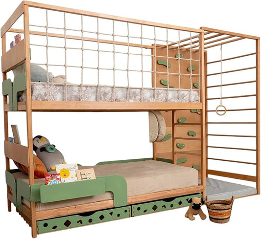 BUSY WOOD Montessori Floor Bed with Rails - Kids Twin Bunk Bed with Storage - Gym Complex for Kids - Jungle Gym Bedframe (BunkBed+Table+2 Drawers (Half-Depth))