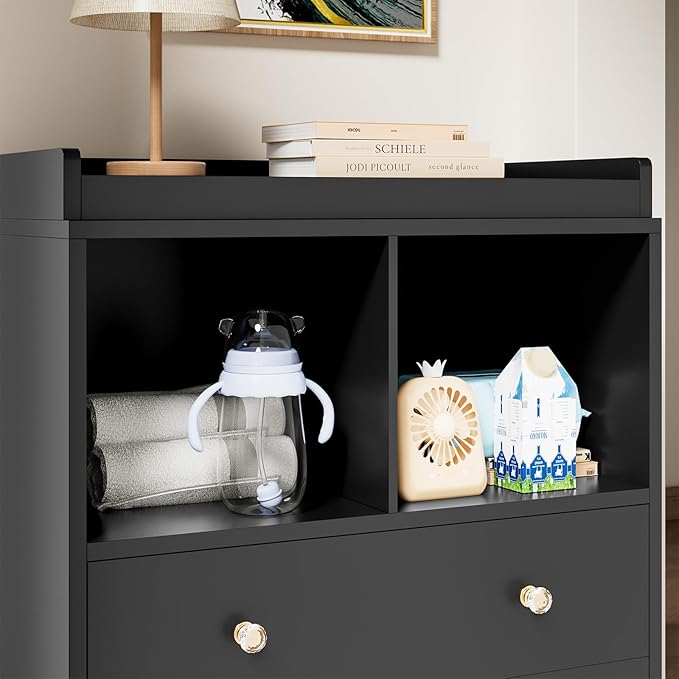 Modern 2-Drawer Nursery Changing Table with Media Shelves, Black Baby Dresser with Crystal Knobs, Multi-Purpose Diaper Station Storage Organizer for Infant Room, Anti-Tip Safety Design