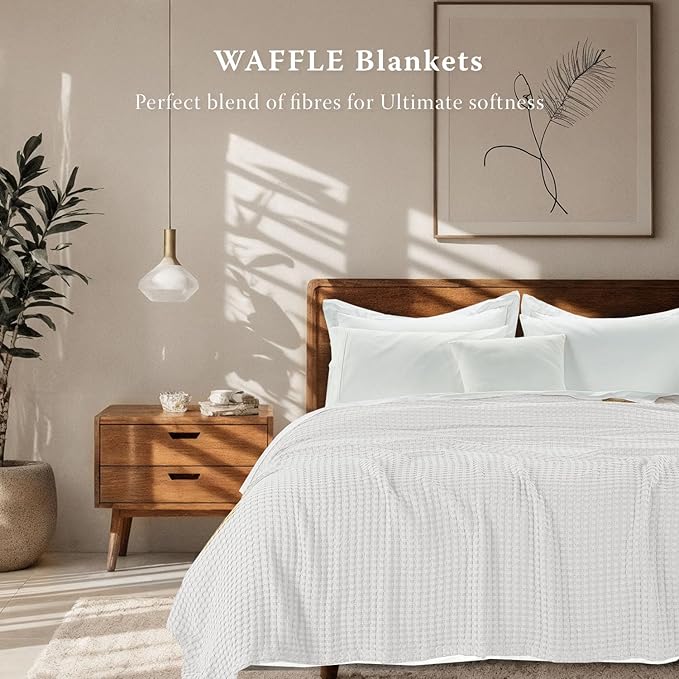 Threadmilll Cooling Cotton Waffle Queen Size Blanket | Breathable, Lightweight & Ultra-Soft | Made from Rayon Derived from Bamboo | Cooling Throw Blanket for Couch and Sofa | 90 x 92 Inches | White
