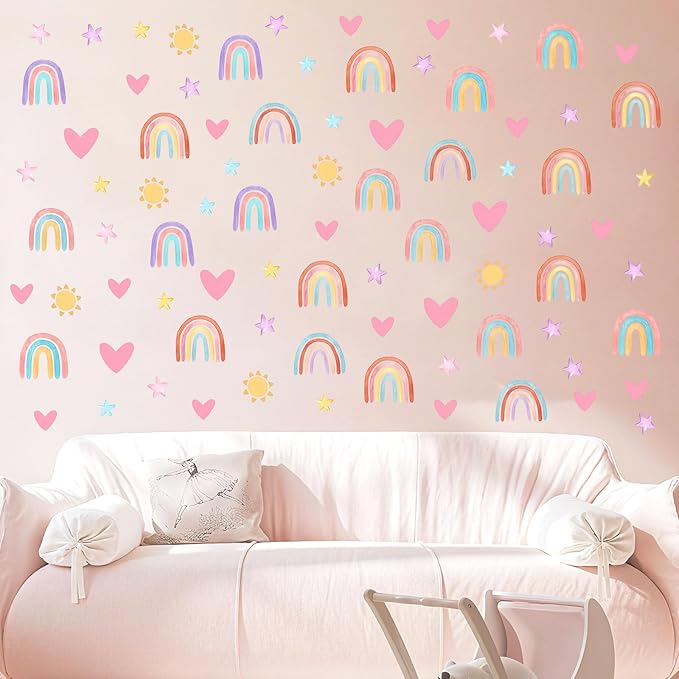 Rainbow Wall Decals Removable Peel and Stick Window Clings 4-Sheet Set with Sun, Rainbow, Heart Design for Girls Bedroom, Kids Room, Nursery Classroom Decor