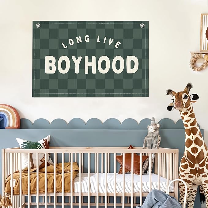 Lacama Green Long Live Boyhood Boys Room Decor, Boy Nursery Decor, Linen Banner Wall Hanging Canvas Banner Flag Decor for Toddler Boy Room Nursery 30x20 In