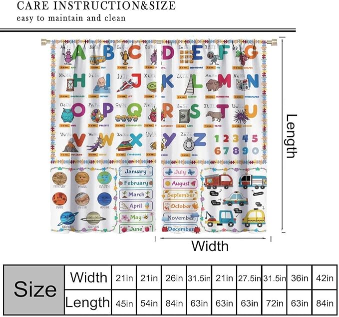 Alphabet Curtain for Kids Room ABC Letter Educational Learning Animal Number Printed Rod Pocket Blackout Window Drapes for Bedroom Playroom Classroom 42" W X 45" L