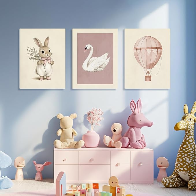 Hianan Pink Baby Girl Nursery Wall Decor Cute Bunny Wall Art Cozy Rabbit Canvas Artwork Elegant Swan Poster Prints Vintage Hot Air Balloon Painting Prints for Kid's Room Baby Room Framed 16"x24"x3