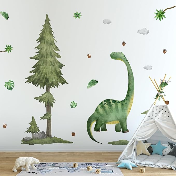 Large Dinosaur Pine Tree Wall Decals 7 Sheets Watercolor Wall Stickers Peel and Stick Forest Pine Tree Dinosaur Wall Decal Decor for Nursery Living Room Bedroom Classroom
